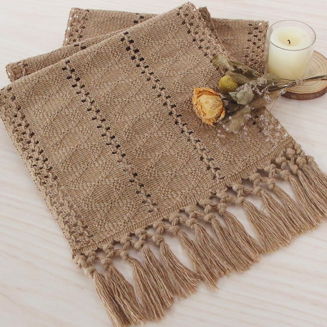 Brown Table Runner Boho Burlap Coffee with Tassels (Brown) 12" x 72"